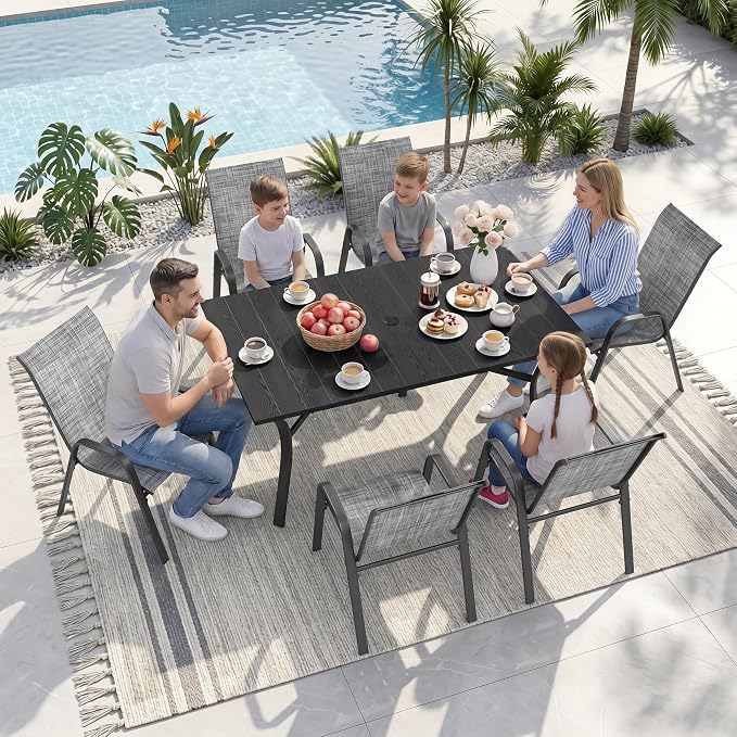 Outdoor Dining Set for 6, Patio Metal Table and Chairs Set with 1.97'' Umbrella Hole, 7pcs Patio Furniture Set 63”x37.8” Dining Table Set with Stackable Chairs for Backyard Pool Deck