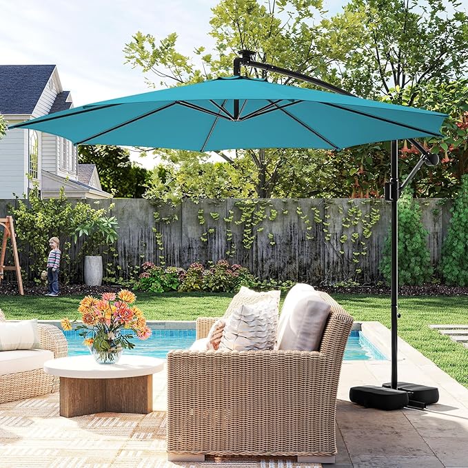 HAPPYGRILL 10 FT Offset Hanging Umbrella with Multi-Colored Flowing LED Lights, 9 Light Modes, Outdoor Patio Cantilever Umbrella with Base, Easy Tilt, 360° Rotation, Crank