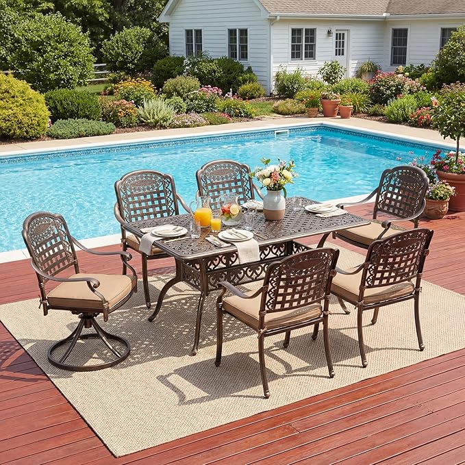 Redlife 7-Piece Cast Aluminum Outdoor Dining Set, 59" Rectangular Patio Table with Umbrella Hole, 2 Swivel Rocker Chairs & 4 Stackable Chairs with Cushions, Lattice Backrest