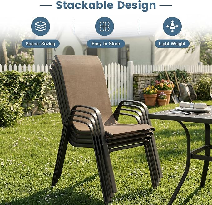 DIFY 5 Piece Outdoor Dining Set, 40" Walnut Square Metal Patio Table and Brown Textilene Stackable Chairs for 4, All Weather Patio Furniture Set with Umbrella Hole for Backyard Garden Deck