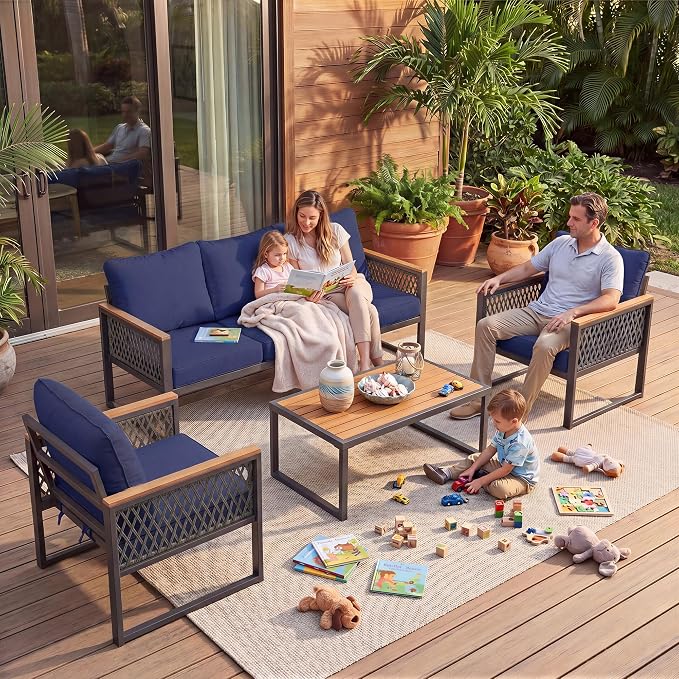 UPHA 4 Pieces Patio Furniture Set, Metal Outdoor Sectional Couch Set with 3-Seat Sofa, 2 Chairs, Coffee Table, Modern Patio Conversation Set for Porch Balcony Deck, 5 Seats, Navy Blue