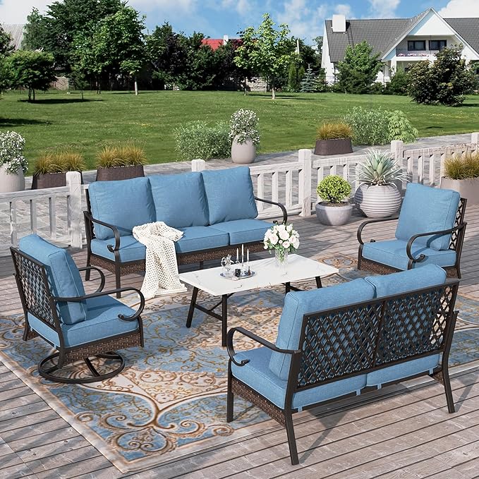 HERA'S HOUSE 5 Piece Metal Patio Furniture Set, 7 Seats All Weather Outdoor Conversation Set, 3 Seat Sofa with Loveseat, 2 Swivel Chairs, Coffee Table for Backyard, Garden, Deck, Navy Blue