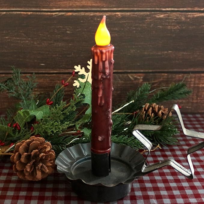CVHOMEDECO. Real Wax Hand Dipped Battery Operated LED Timer Taper Candles Country Primitive Flameless Lights Décor, 6-3/4 Inch, Burgundy, 2 PCS in a Package