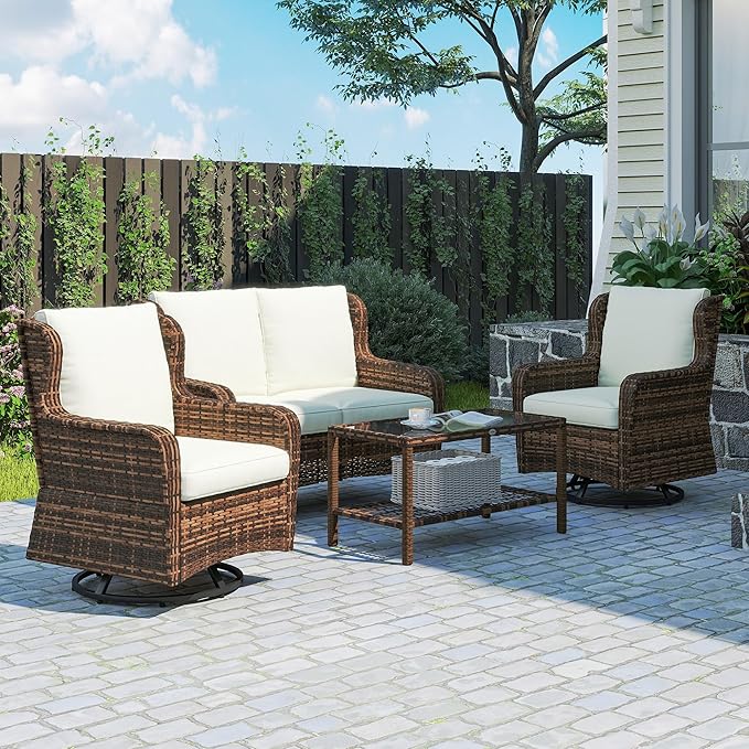 Outsunny 4 Piece PE Rattan Outdoor Patio Furniture Set, Wicker Conversation Set with 2 Swivel Glider Chairs, 2-Tier Glass Table and Loveseat for Garden, Patio, Poolside, Cream White
