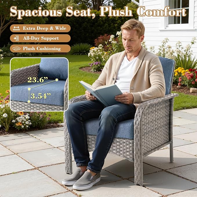 2 Pieces Patio Furniture Set, Two Single Chair Outdoor Furniture, All-Weather Rattan Wicker High Back Conversation Set of 2 for Small Space Porch, Backyard, Balcony, Denim Blue