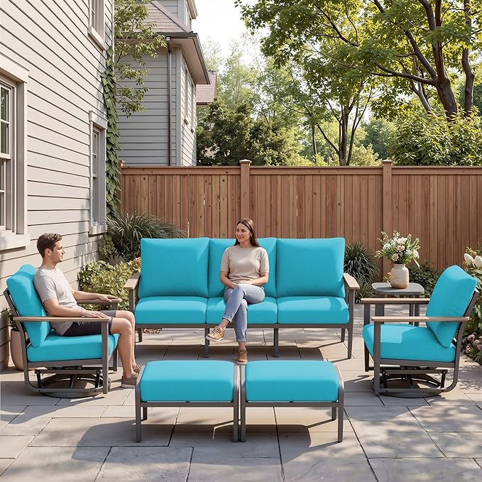 Aluminum Outdoor Patio Furniture Set, 6-Piece Outdoor Sofa with 5.1" Thick Cushions, Swivel Rocking Chairs, Outdoor Couch with Ottomans, for Porch, Garden, Blue