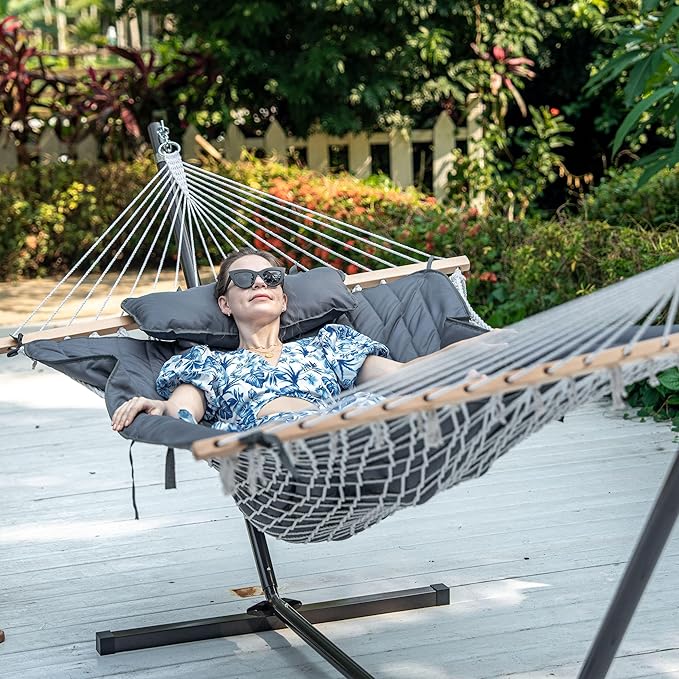 Lazy Daze Hammocks 2 Person Portable Hammock with 12FT Stand, Double Hand Woven Cotton Rope Hammock with Detachable Quilted Pad & Pillow for Outside, 450lb Capacity, Grey