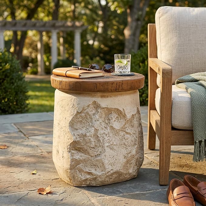 Merax Outdoor Patio MGO Side Table, 18.5" Height Round Side Table with Stone-Effect Base & Faux-Wood Grain Top, Rustic Modern Patio End Table Stand for Balcony Poolside, Fully Assembled, Beige+Wood
