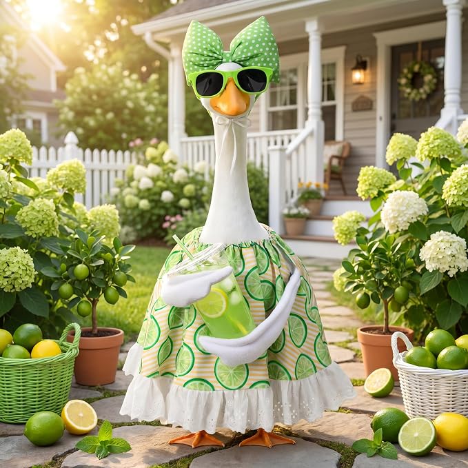 Abbylike Summer Lime Porch Goose Outfit Lemons Clothes Costume for 23'' Goose Dress with Green Bow Frame Glasses for Summer Garden Porch Statue Yard Pathway Decorations