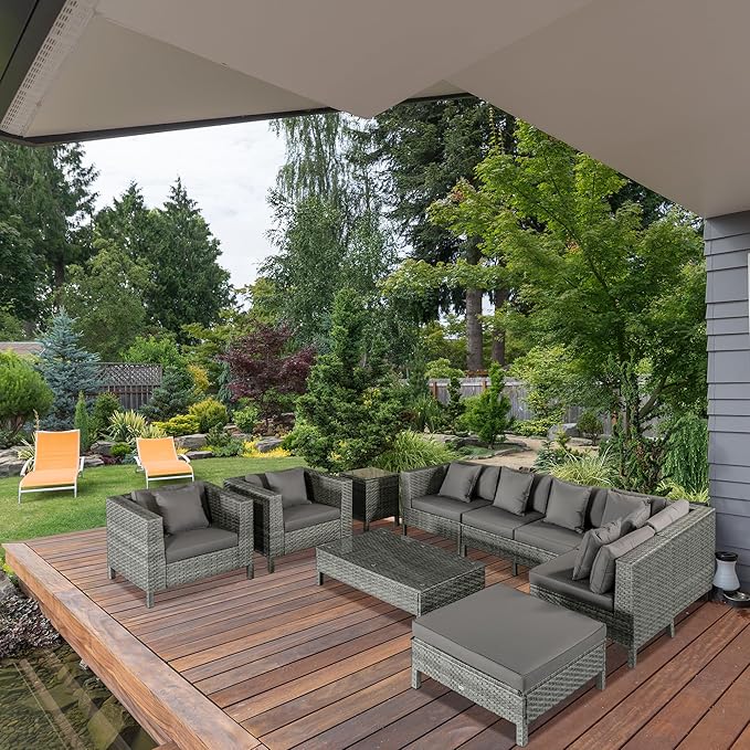 Outsunny 9-Piece PE Rattan Patio Furniture Set, Outdoor Extra Large Sectional Sofa with Loveseat, Coffee Table and Side Table, Chairs, Ottoman, Cushions, Gray