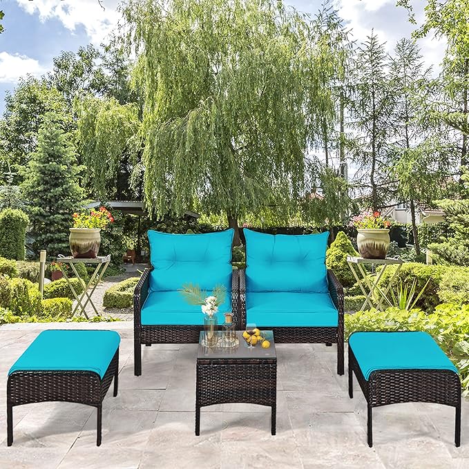DORTALA 5 Pieces Patio Furniture Set, Outdoor Rattan Conversation Set with Cushions, Glass Table, Ottomans & Chairs, Wicker Sofa Set Backyard Garden Balcony, Turquoise