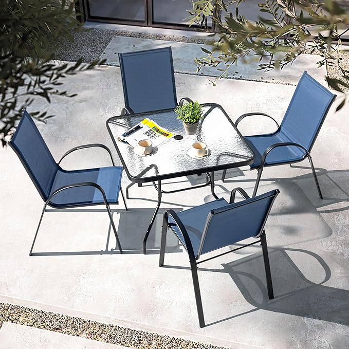 NUU GARDEN 5 Piece Patio Dining Set, Metal Outdoor Table with 31.5" Square Table and Umbrella Hole, 4 Stackable Chairs, Patio Furniture for Lawn Balcony Garden, Blue and Black