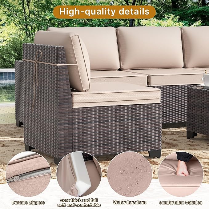 Gotland 7 Pieces Patio Furniture Set with 55000BTU Fire Pit Table, Wicker Patio Set with Wide Armrests 29.5'' High Backrest Thick Cushions 1 Coffee Table, Outdoor Furniture for Porch Deck Khaki