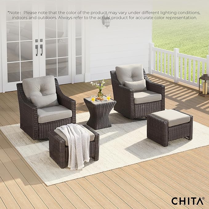 CHITA 5 Pieces Swivel Wicker Patio Furniture Set, Outdoor Conversation Set with 2 Pieces Rattan Rocking Swivel Chairs, 2 Pieces Ottomans, Thickened Cushions and Side Table