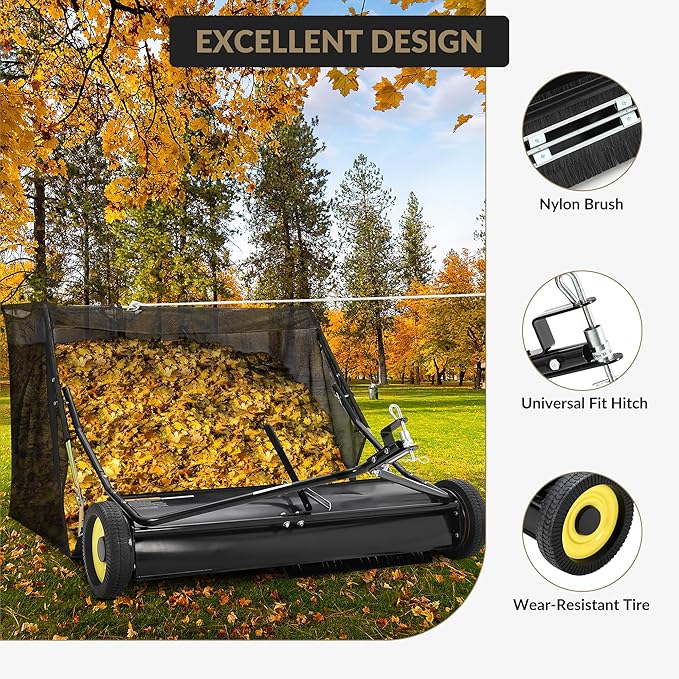 Tow Behind Lawn Sweeper 44" Wide, 26 Cu.Ft Large Hopper Yard Sweeper, Pull Behind Leaf Collector with Adjustable Sweeping Height, Universal Fit for Lawn Tractor & Debris Cleanup