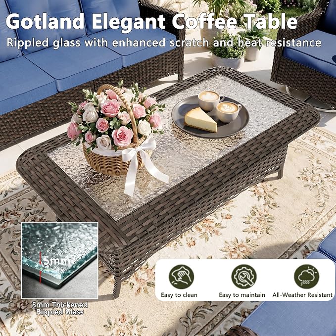 Gotland 7-Pcs Patio Conversation Set, Outdoor Thick Wicker Sectional Sofas with 2 Swivel Rocker Chairs, High Back Sectional Couch, Outdoor Furniture Set for Backyard, Deck, Porch, Navy Blue