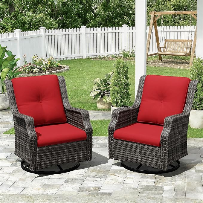 Swivel Patio Chairs Set of 2, Wicker Patio Furniture with Thick Cushions, Curved Armrest, Deep Seating, Rattan Outdoor Chairs for Porch, Deck, Balcony