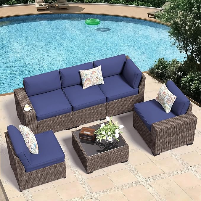 6 Pieces Wide Armrest Patio Furniture Set, Rattan Sectional Furniture with Thickened Cushions, Outdoor Patio Conversation Sets for Backyard, Poolside, Garden, Navy Blue/Brown, Sets of 6