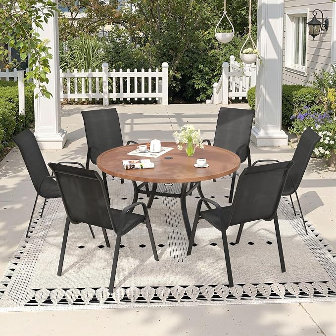 7 Pieces Outdoor Dining Set, 47.2" Round Table with Umbrella Hole & Stackable Patio Dining Chairs, Patio Table and Chairs Set for Deck Garden Porch, Black Chairs & Walnut Table