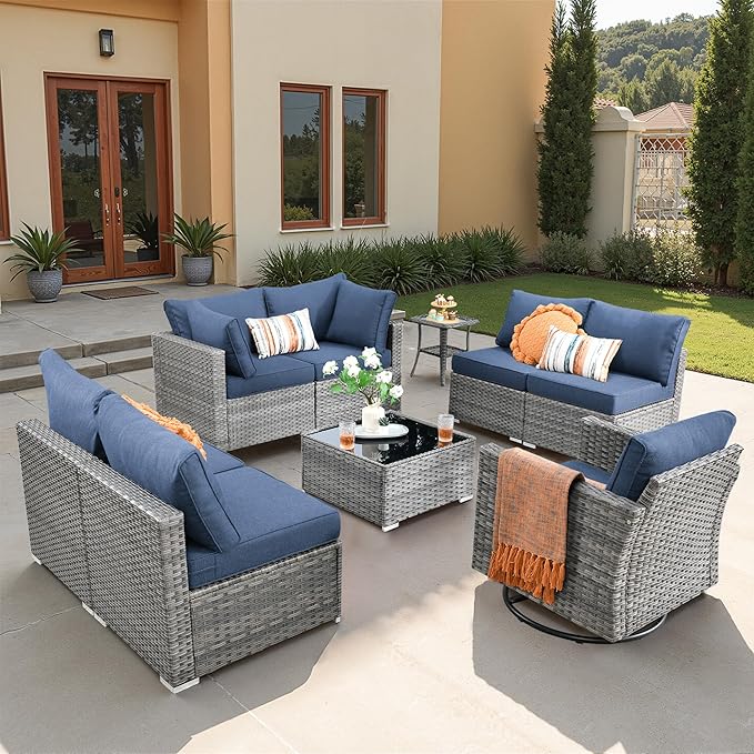 9 PCS Outdoor Patio Furniture Sets with Wicker Rocking Chair,Wicker Weather Resistant Patio Conversation Set with Comfy Cushions,Modular L Shaped Sofa with Coffee Table for Yard,Denim Blue