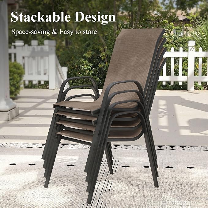 5 Pieces Outdoor Dining Set, 40.6" Round Table with Umbrella Hole & Stackable Patio Dining Chairs, Patio Table and Chairs Set for Deck Garden Porch, Brown Chairs & Black Table
