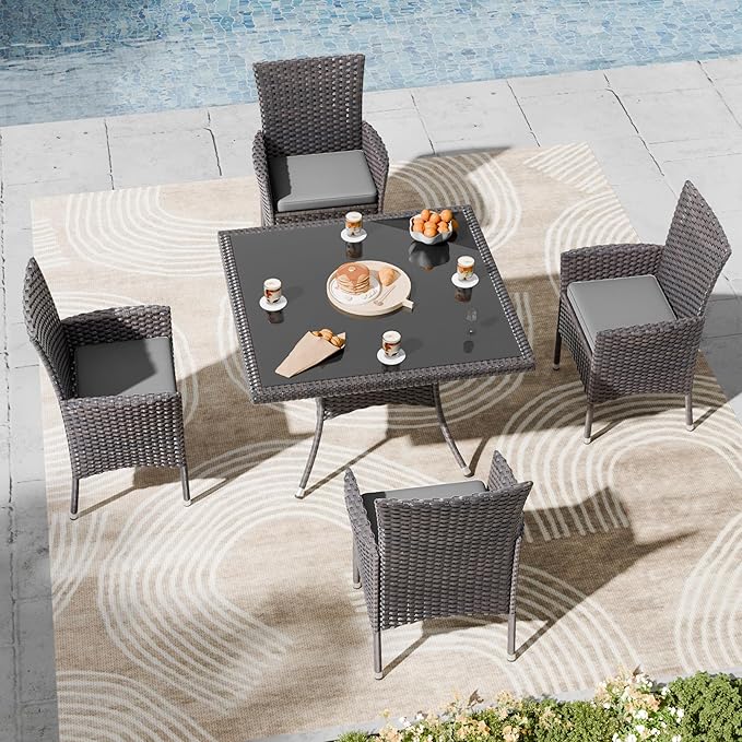 Kullavik 5 Pieces Outdoor Dining Set Patio Rattan Furniture Set,Patio Dining Table and Chairs Set with 4 Chairs and Cushions,Square Glass Tabletop with Umbrella Hole for Patio,Backyard,Grey