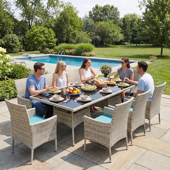 10-Piece Patio Dining Set, Patio Furniture Set with Square Tempered Glass Table & 8 Wicker Chairs, Expandable Design for Larger Groups, Outdoor Furniture for Backyard, Deck, Garden, Turquoise