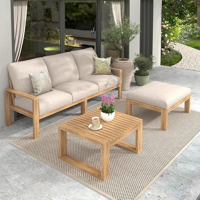 Christopher Knight Home Kayahs 3 Pieces Acacia Wood Furniture Set, Patio Conversation Sofa with Coffee Table and Ottoman, Outdoor 3-Seater Sofa Set for Backyard Balcony Gardern, Teak Finish+Beige