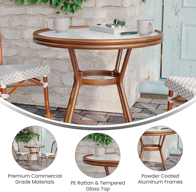 Flash Furniture Lourdes Indoor/Outdoor Commercial Bistro Table - Tempered Glass Top - PE Rattan - Natural Bamboo Print Aluminum Frame - 31.5" - White/Gray