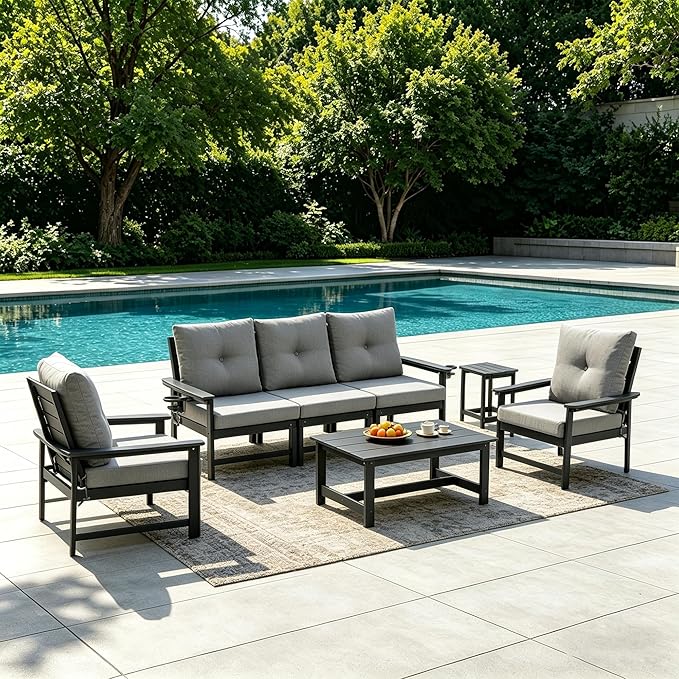 HDPE Outdoor Patio Furniture Set, 7 PCs All Weather Performance Patio Conversation Set w/Back and Seat Cushions, Free Combination Outdoor Furniture for Patio, Lawn, Poolside, Backyard, Grey