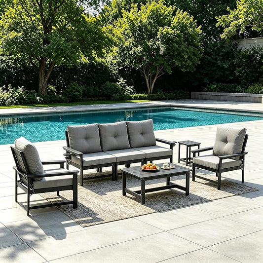 HDPE Outdoor Patio Furniture Set, 7 PCs All Weather Performance Patio Conversation Set w/Back and Seat Cushions, Free Combination Outdoor Furniture for Patio, Lawn, Poolside, Backyard, Grey