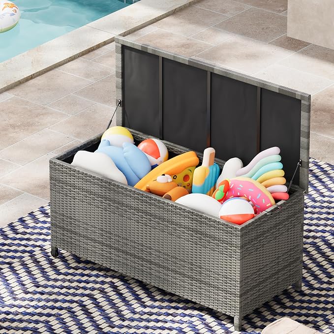 125 Gallon Outdoor Deck Box with Wheels, Waterproof PE Wicker Rattan & Aluminum Frame Storage Bin for Patio Cushions, Garden Tools, Pool Toys, Lockable Patio Furniture(Gray)