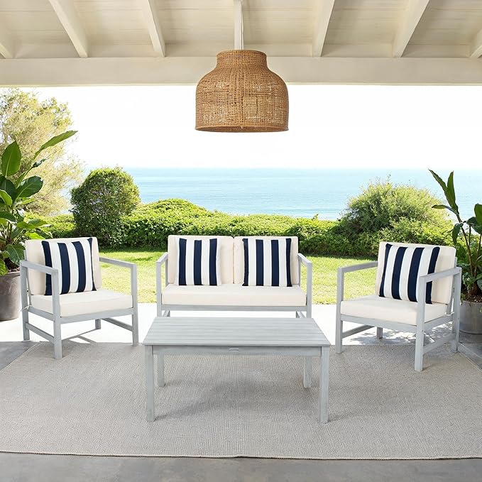 SAFAVIEH Outdoor Collection Montez Grey / Beige Cushions/ Striped Pillows 4-Piece Conversation Patio Set