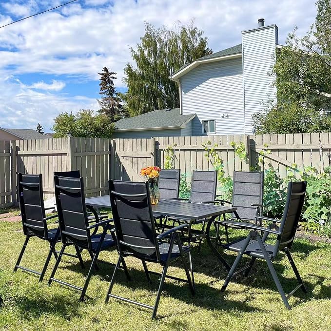 PURPLE LEAF Outdoor Dining Set for 8 Folding Patio Dining Set with Aluminum Rectangular Table and Padded Chairs All Weather Dining Table Sets for Garden Backyard Poolside, Black
