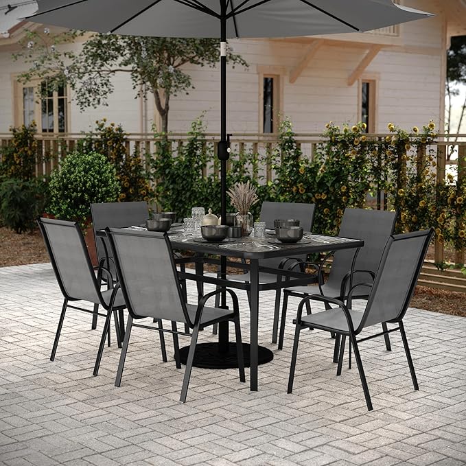 Flash Furniture Brazos Commercial Outdoor Dining Set, 60" Tempered Glass Patio Table with Umbrella Hole, 6 Stack Chairs with Flex Comfort Seats and Backs, Gray/Black