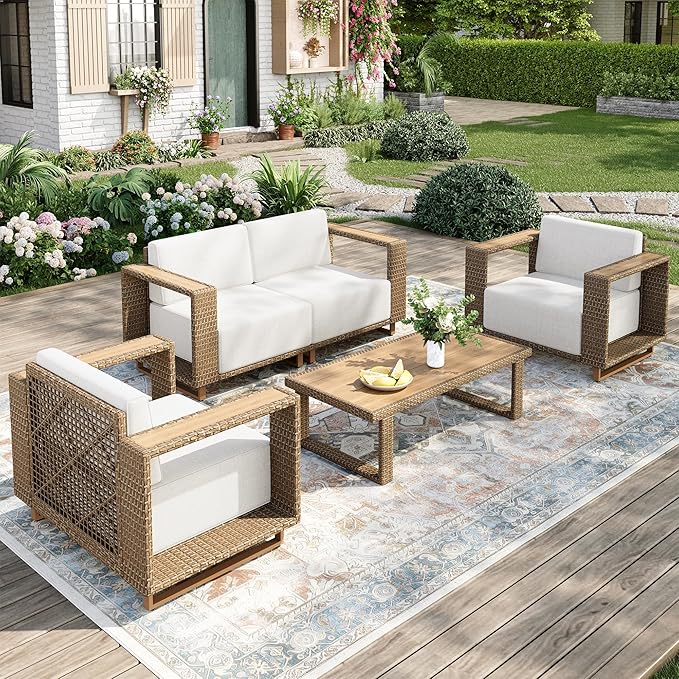 Outdoor Patio Furniture Set, 5 Piece Outdoor Rattan Wicker Sofa Couch, Outdoor Conversation Sets with 2 Single Sofa, 2 Armchairs and Coffee Table for Deck Backyard Lawn