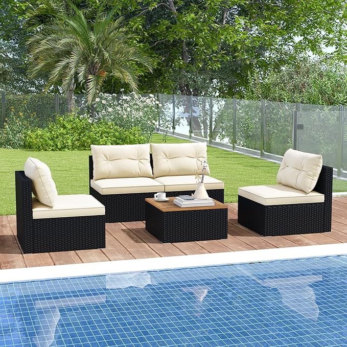 HAPPYGRILL 5 Pieces Patio Rattan Sofa Set, Outdoor Furniture Set with Seat & Back Cushions, Square Coffee Table with Acacia Wood Tabletop, Wicker Patio Conversation Set for Backyard, Poolside