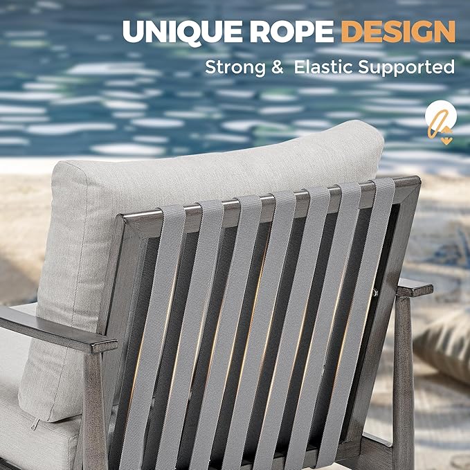 HAPPATIO Patio Outdoor Furniture Set - 6 Pieces Aluminum Outdoor Conversation Set with 1 Cushioned Loveseat, 2 Armchairs, 1 Coffee Table and 2 Ottomans for Yard, Porch, and Deck (Grey)