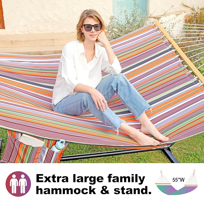 2 Person Hammock with Stand for Outside, 12ft Heavy Duty Steel Stand, Double Hammocks with Hardwood Spreader Bar, Large Removable Pillow, Side Pockets, Max 475 lbs Capacity (Classic Red)