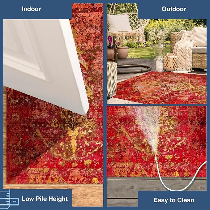 Liora Manne Marina Indoor/Outdoor Power Loomed Synthetic Blend Low Profile Area Rug - Traditional Medallion Casual Colorful (Kermin Saffron) (1'11" x 7'6")
