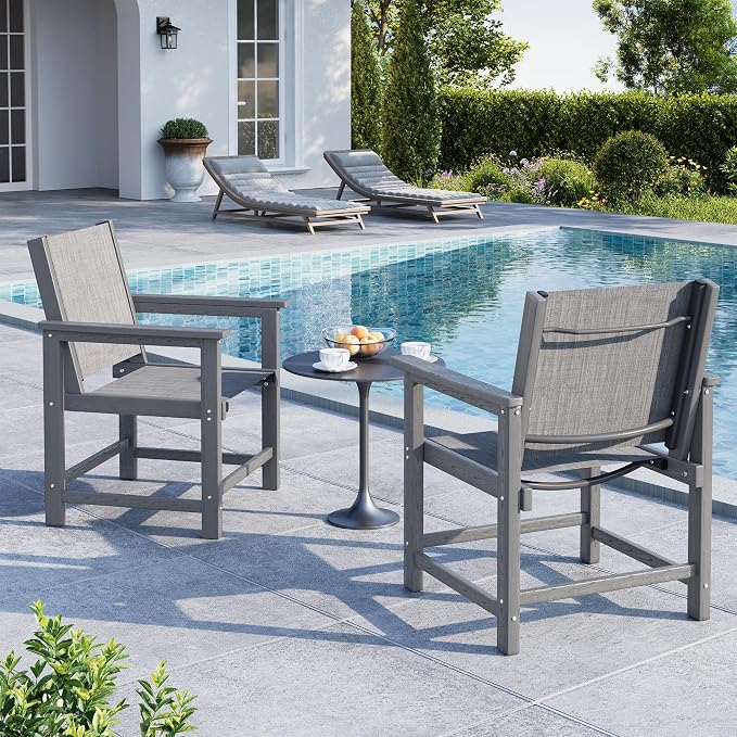 Amopatio HDPE Patio Dining Chair with Armrests - Textilene Outdoor Chair with Wide Seat for Poolside, All Weather UV Resistant Heavy Duty Patio Chair for Backyard Balcony & Deck(Gray)