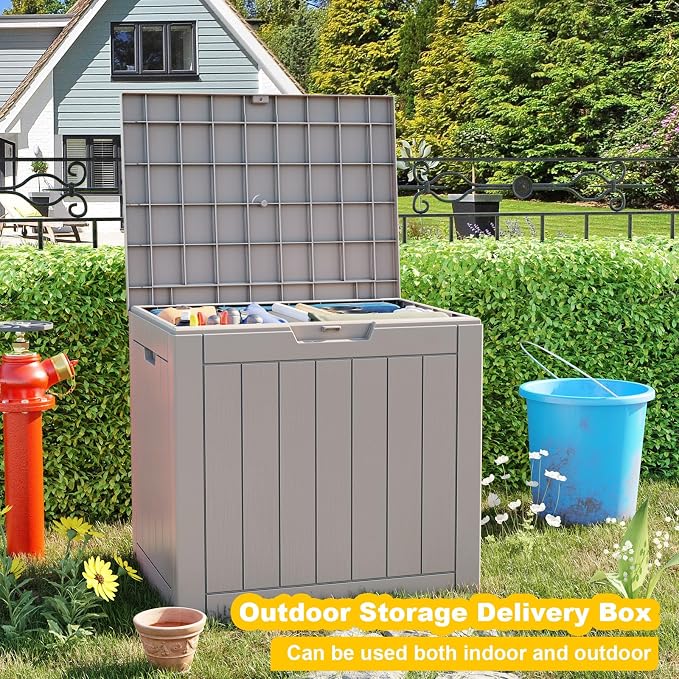 ROJIK Outdoor Storage Housing Deck Box-Waterproof Patio Furniture,Garden Tools,Cushions,Pool Accessories Storage Waterproof Resin Box with Capacity (31 Gal & Gray & 2pcs)