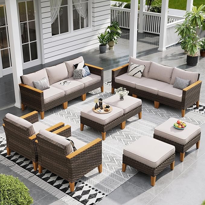 Sophia & William Large Outdoor Patio Furniture Set High Back 12 Piece Wicker Rattan Patio Sectional Sofa Furniture Conversation Set with Single Sofa Chairs, Ottomans,Clips & 4" Thick Cushions, Beige