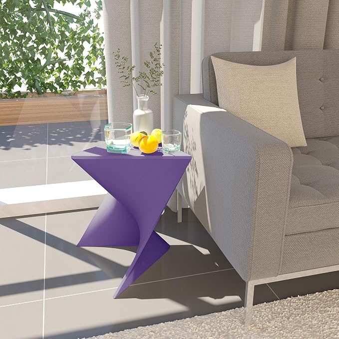 LeisureMod 15.75" Triangular Side Table, Stackable Plastic Accent End Table for Indoor & Outdoor Use, Weather-Resistant Modern Patio & Living Room Table, Set of 2, Purple