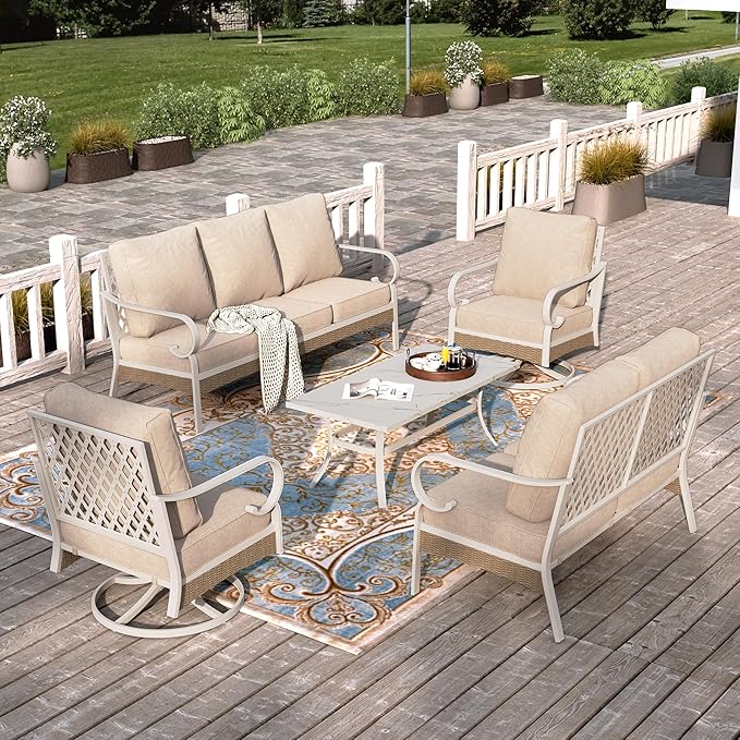 HERA'S HOUSE 5 Piece Metal Patio Furniture Set, 7 Seats All Weather Outdoor Conversation Set, 3 Seat Sofa with Loveseat, 2 Swivel Chairs, Coffee Table for Backyard, Garden, Deck, White/Beige
