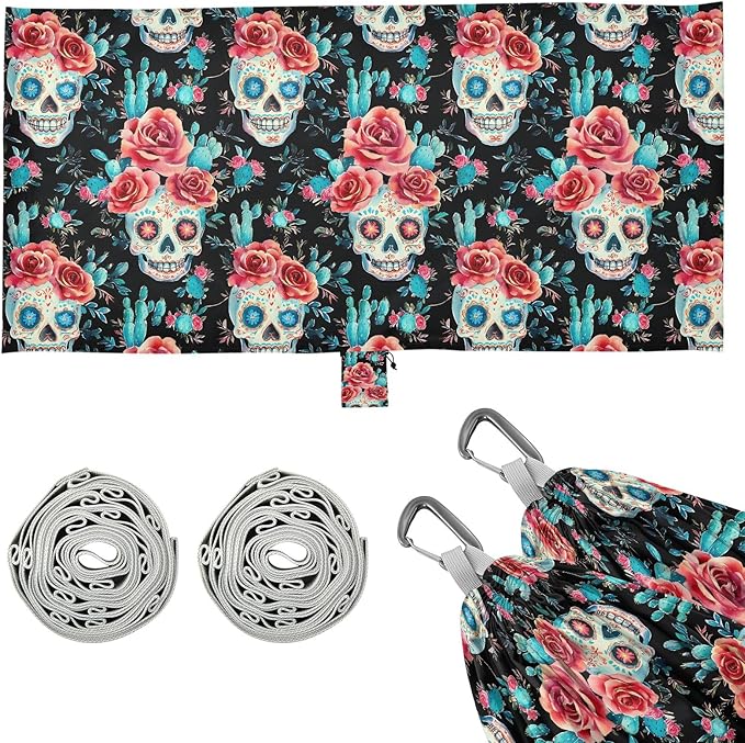 Camping Hammock Outdoor Hammocks for Outside Skull Rose Cactus Beach Trees Portable Lightweight with Pockets Tree Straps Indoor