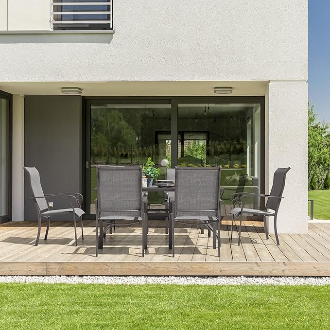 NUU GARDEN Outdoor Patio Dining Set 7 Piece Furniture Set Including 61"x37" Rectangular Outdoor Metal Patio Dining Table and 6 Gray Textilene Chairs for Garden, Patio and Poolside Backyards
