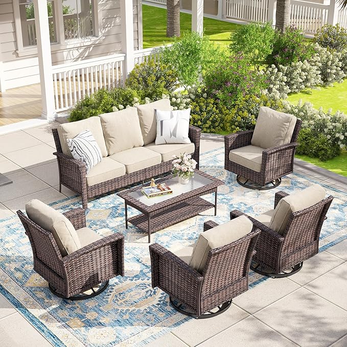 6-Piece Wicker Patio Furniture Set with Swivel Chairs, High Back Outdoor Sofa with 5.5-inch Thick Cushion, All-Weather Wicker Patio Conversation Set for Deck Yard Pool, Beige