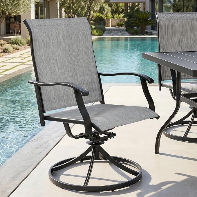 NUU GARDEN 5-Piece Patio Dining Set, Outdoor Dining Set, Slatted Patio Table with Umbrella Hole, Textilene Swivel Chairs with High Backrest, Outdoor Table and Chairs, Black and Light Gray