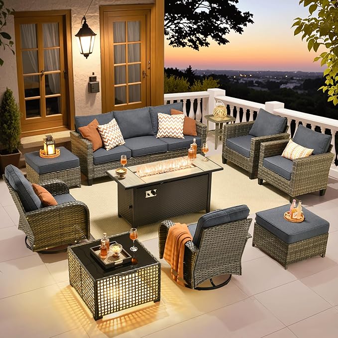 ovios 10 Pieces Patio Furniture Set, Outdoor Wicker Sofa Couch with Rocking Swivel Chairs Solar Light Table Fire Pit, Modern Deep Seat Rattan Conversation Sets, Denim Blue